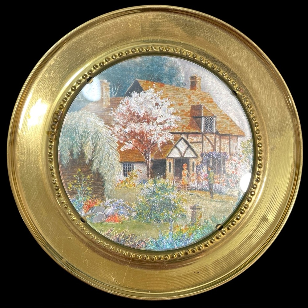 Vintage 1930s Rego Brass and Foil Artwork Wall Plate - Cottage Scenery - England
